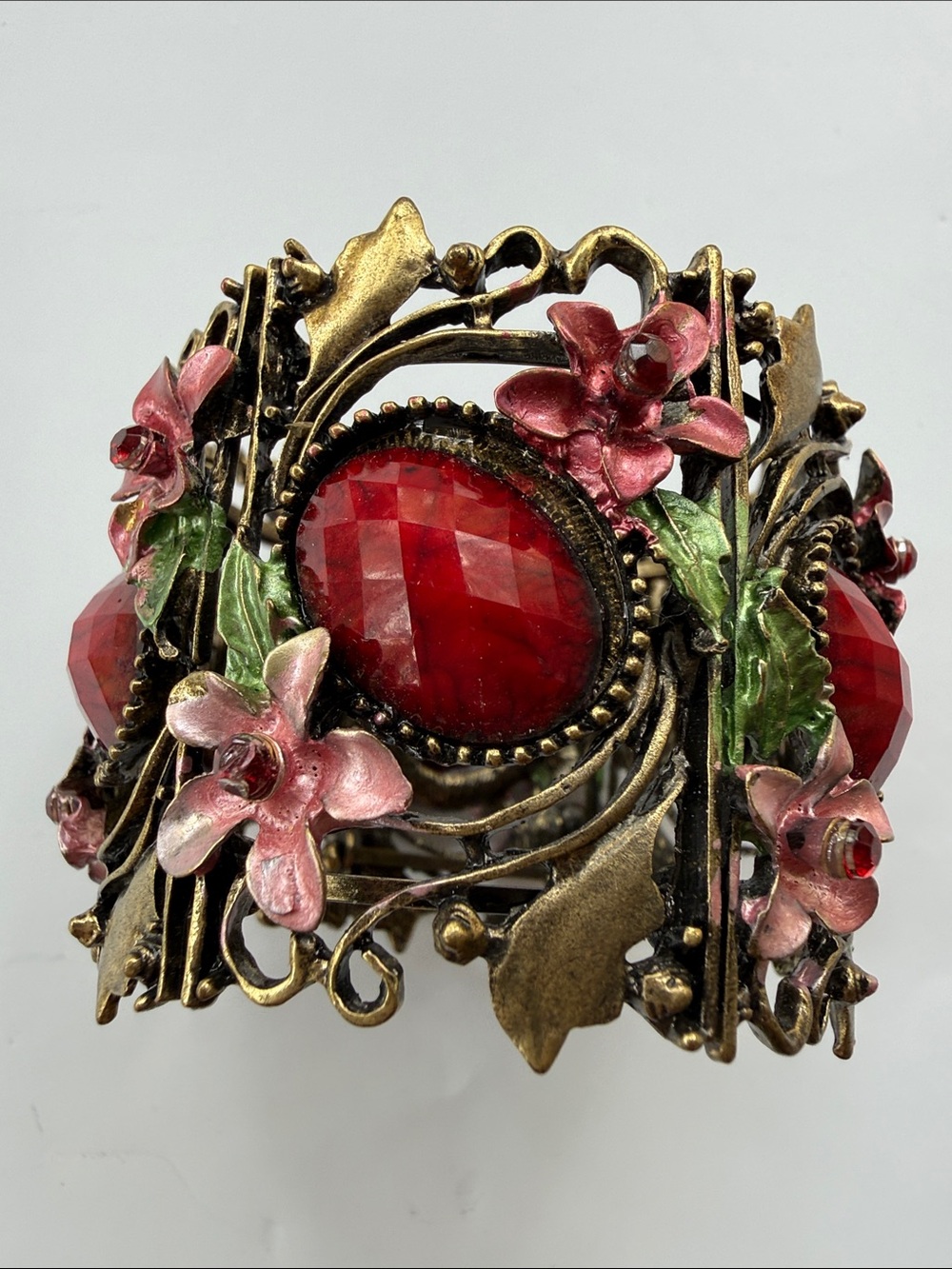 Vintage Ornate Enamel Pink Floral Red Jewel Women’s Statement Cuff Bracelet